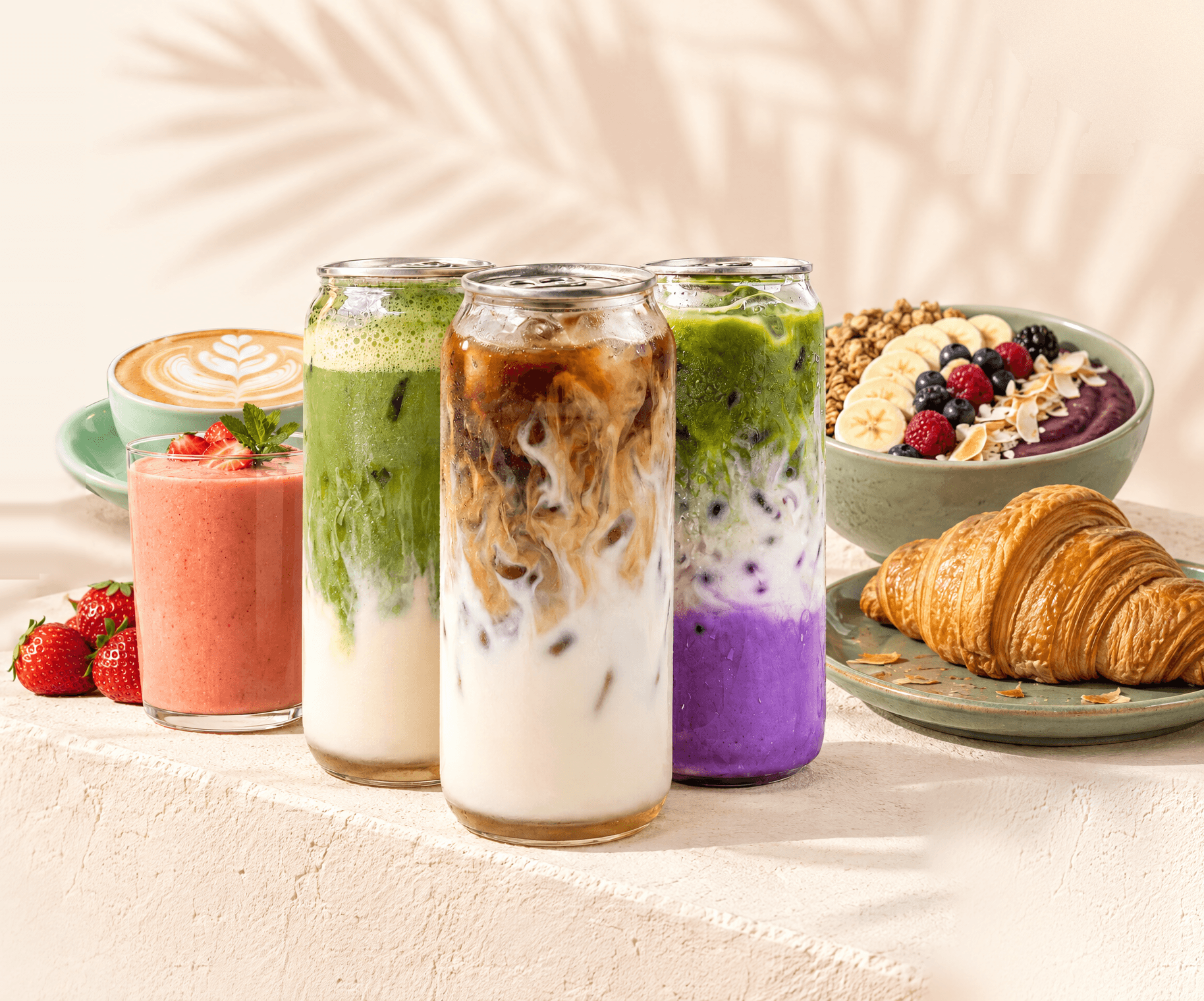 Iced matcha vanilla, iced latte and iced ube matcha in can glasses, with a hot latte, strawberry smoothie, açaí bowl and croissant