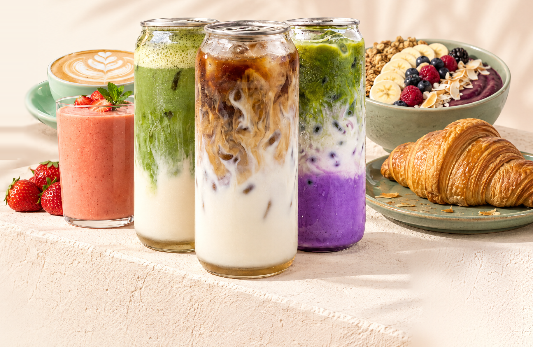 Iced matcha vanilla, iced latte and iced ube matcha in can glasses, with a hot latte, strawberry smoothie, açaí bowl and croissant